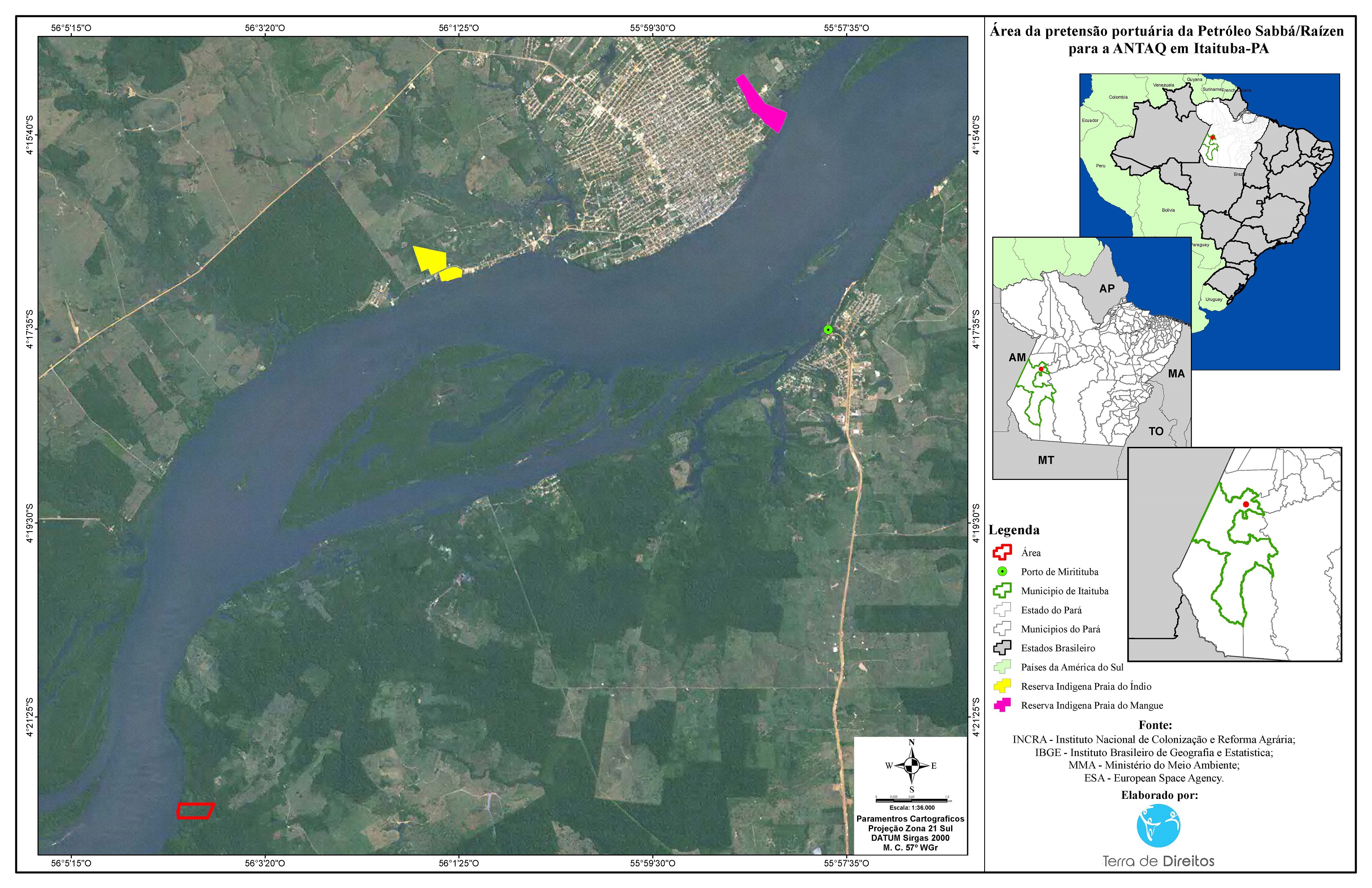 No mapa, área vermelha indica onde porto Sabbá foi construído. Em amarelo, está localizado o território Aldeia Praia do Índio, a menos de 10km