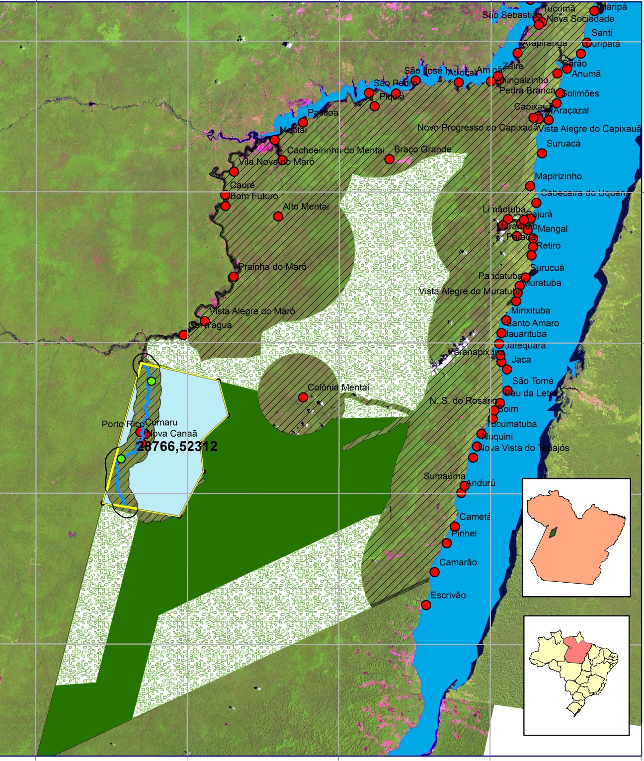 Iniciativas de manejo florestal previstas na Resex Tapajós Arapiuns. Atualmente, apenas Cooprunã está em fase de exploração da madeira. (Fonte: ICMBio/Tapajoara/Arpa)