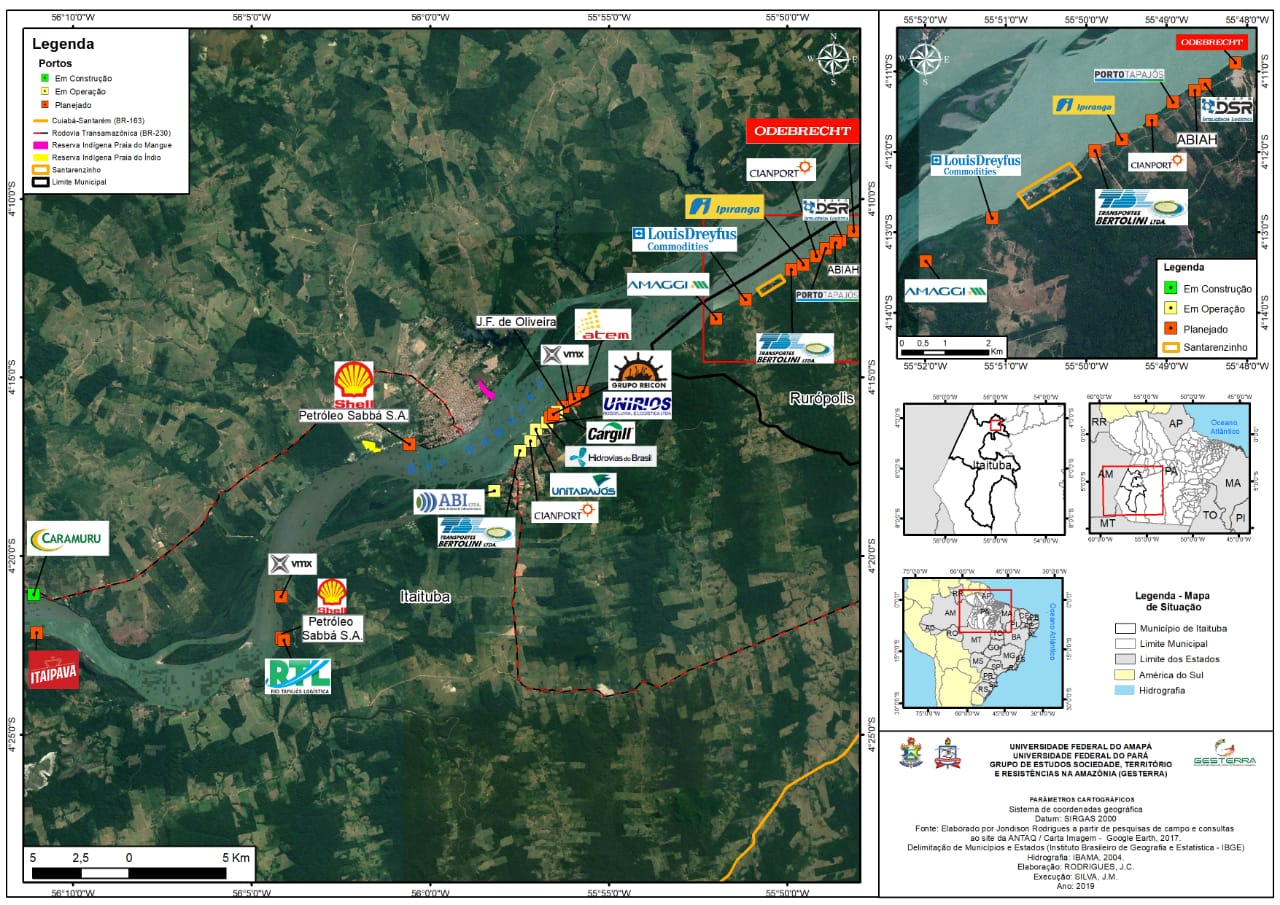 Mapa de 2019 aponta portos em operação ou planejados em Itaituba. Em 2020, porto da empresa Sabbá na margem direito do Rio Tapajós deixa de estar planejado e já está em construção.