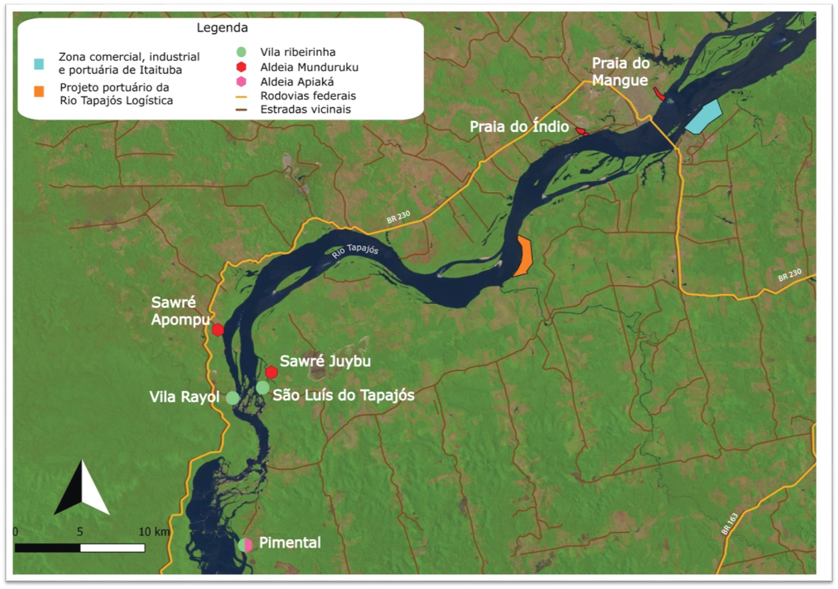 Além das reservas Praia do Índio e Praia do Mangue, outros territórios indígenas e comunidades tradicionais estão próximos de onde porto será construído. (Mapa: Arthur Massuda/Terra de Direitos)