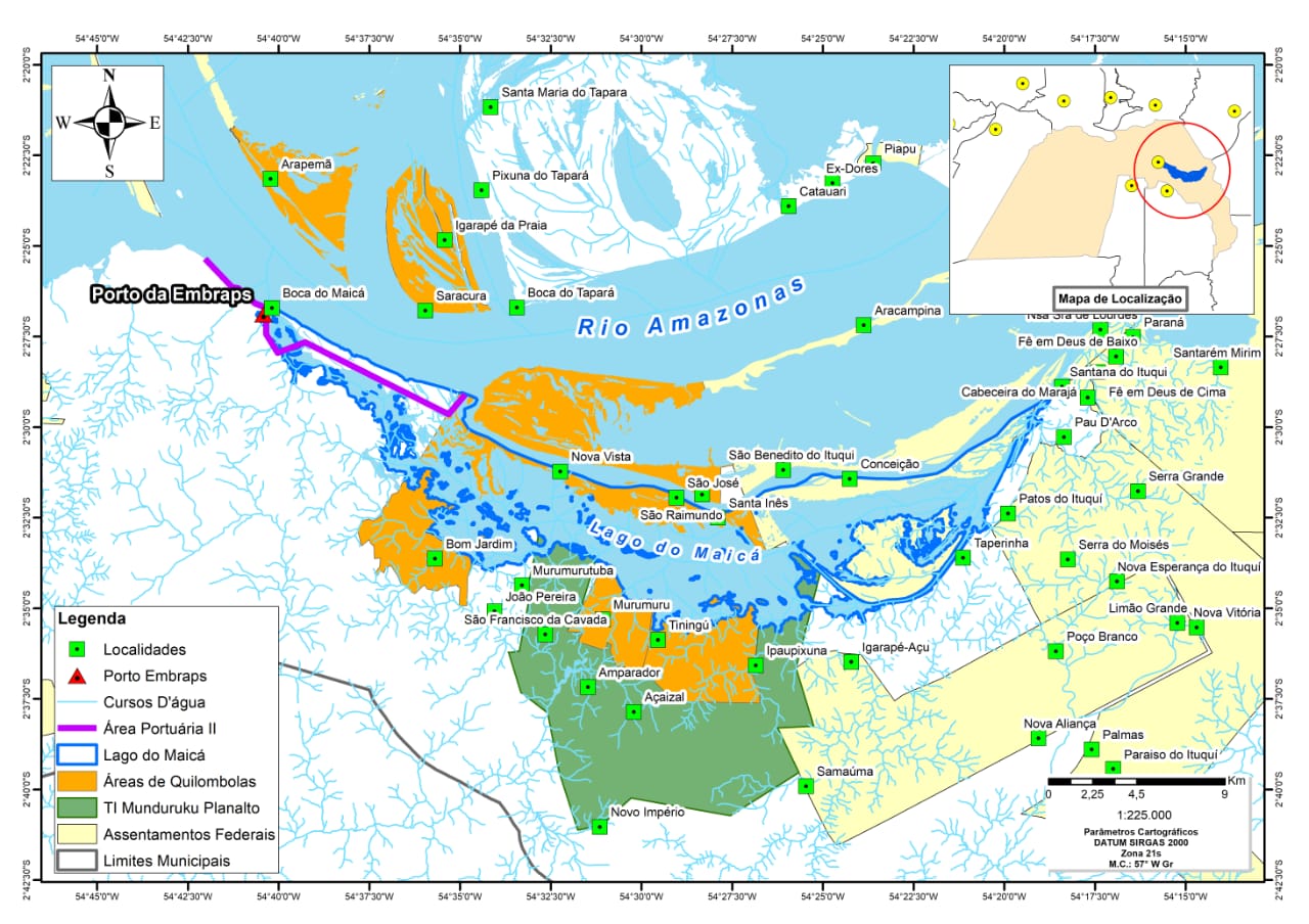 As instalações portuárias no Lago do Maicá têm o potencial de impactar o modo de vida de ao menos 13 quilombolos, 6 aldeias indígenas e cerca de 35 mil pescadores e comunidades tradicionais. (Mapa: Terra de Direitos)