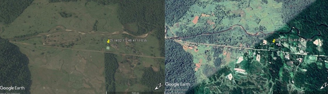 Á esquerda, a área degradada em 2002, antes da ocupação. Á direita, registro de 2019 mostra intensa recuperação da mata.